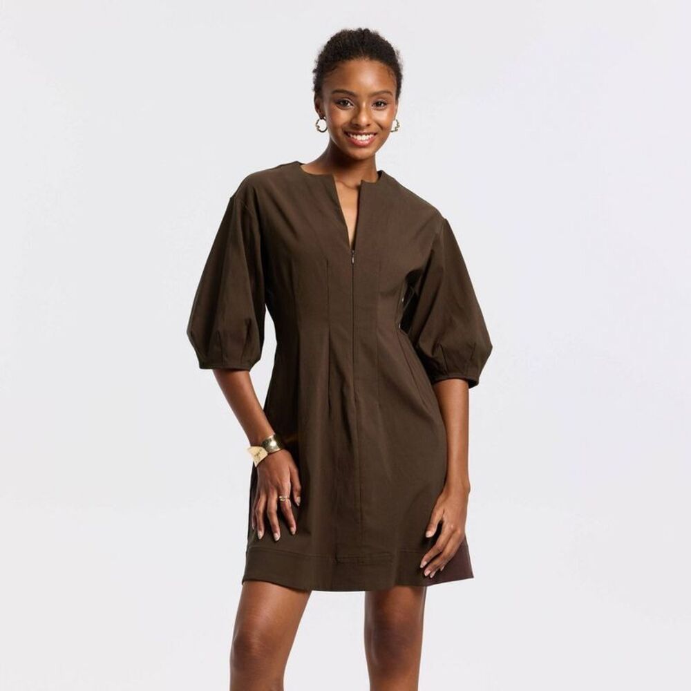 Women's Balloon Elbow Sleeve Mini A-Line Dress - A New Day Brown M